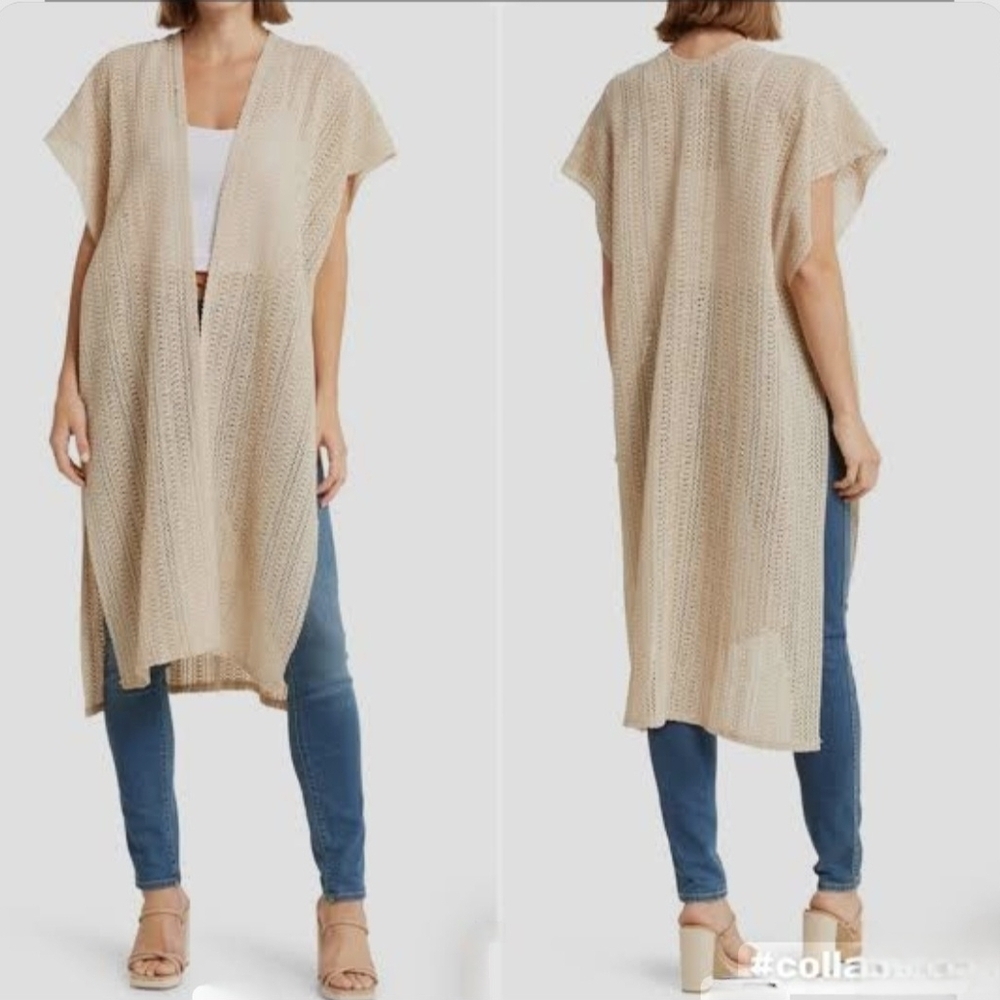 Steve Madden Open Weave Knit Tacked Vest Sand Beige Open-Front Tunic OSFM